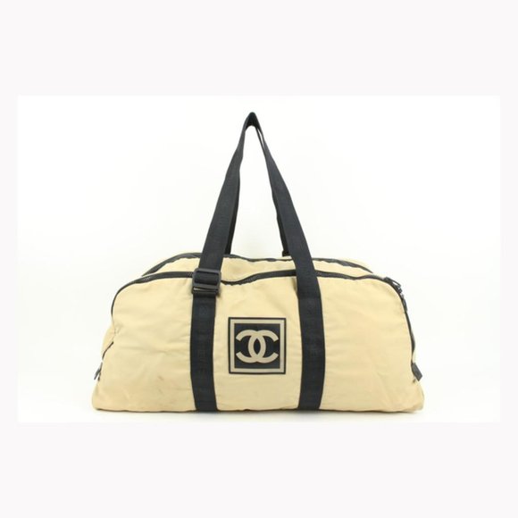 Chanel XL Beige CC Logo Sports Duffle Boston Gym Bag 27cz427s - Picture 1 of 12